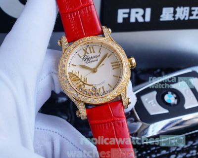 Swiss Replica Chopard Happy Sport Ladies Watch Diamond Bezel Red Leather